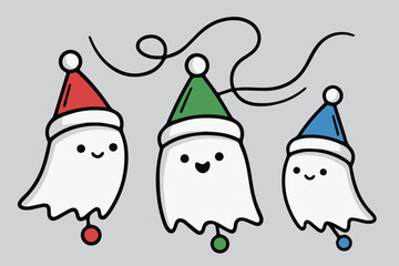 Cute Christmas Ghost Characters – Hand-Drawn Kawaii Holiday Vector Set
