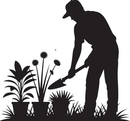Silhouette of a gardener planting flowers in pots with a shovel