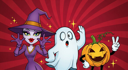 Cartoon illustration of a witch, ghost and pumpkin against red radial background, showcasing festive Halloween spirit and playful, spooky holiday theme