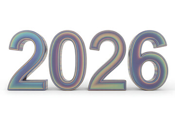The year 2026 in holographic, iridescent 3d numbers isolated on white background