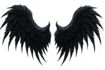 Pair of black feathered wings on transparent background illustrating dark angel, fantasy, gothic, and mystical concepts