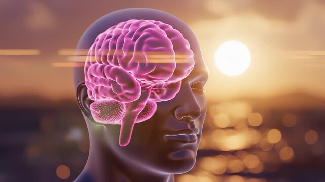 A digital representation of a brain is illuminated by a warm sunset, symbolizing thought and creativity. The brain and sunset together create a unique visual of inspiration and int