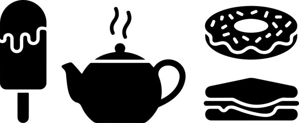 Summer sweeties with ice cream bar on stick hot tea kettle and sugary donut and sandwich for fast street food for tasty eating