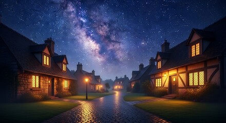 Enchanting Village Street Under a Starry Night Sky with the Milky Way