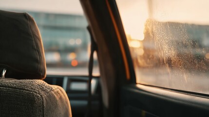 Car interior with sunset light and airport terminal view through window creating warm travel atmosphere for transport background