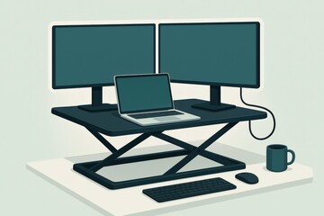 Ergonomic home office setup showcasing dual monitors a laptop and a sleek standing desk promoting productivity and modern workspace design without compromising comfort