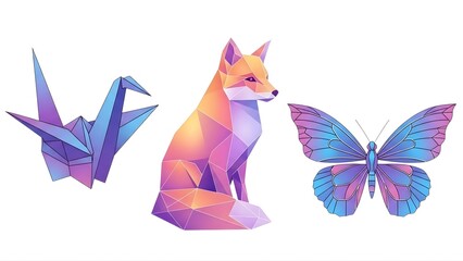 Obraz premium Geometric origami animal art print poster design fox butterfly crane illustration graphic design vector on transparent background