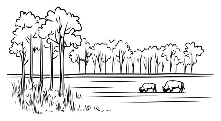 Countryside wetland meadow with grazing pigs – pastoral farmland landscape ink drawing © Luka