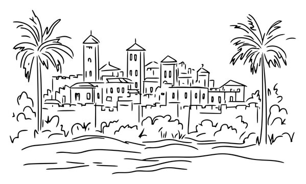 black and white city landscape with palm trees clip art preview