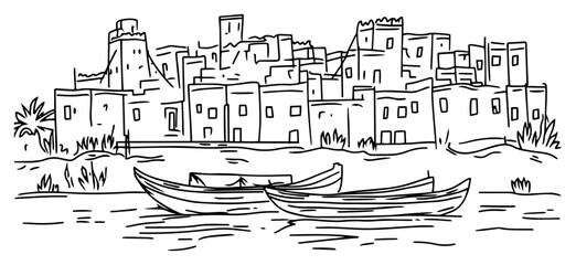 Rustic Mediterranean harbor village – clustered houses above water with fishing boats line drawing © Luka