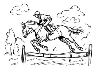 Horse and rider jumping fence – dynamic equestrian show‑jumping sports illustration