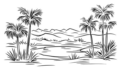 Desert oasis with palm trees &ndash; secluded water pond amidst sand dunes exotic landscape sketch
