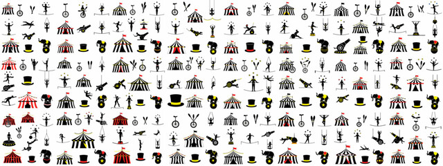 Seamless black and red circus icon pattern featuring big top tents, acrobats, jugglers, elephants, and performance equipment on a white background.