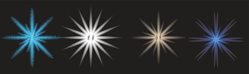 Four different colored starbursts on a are displayed