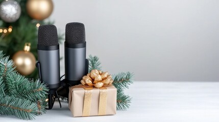 Festive celebration setup featuring microphones and a beautifully wrapped gift surrounded by holiday decorations