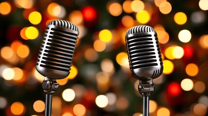 Vintage microphones on stage illuminated by colorful bokeh lights create an enchanting atmosphere for live performances
