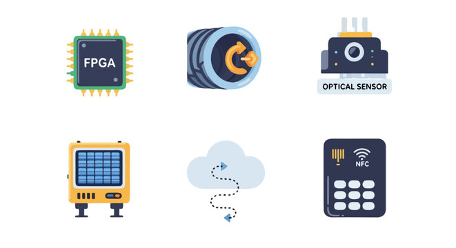 A vibrant collection of flat design technology icons, featuring an FPGA chip, optical sensor, cloud computing symbol, and NFC device for digital concepts