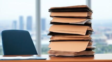 Cluttered office desk with towering stack of papers overlooking the city during the late afternoon
