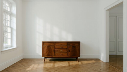 Classic wooden dresser in a light calm room