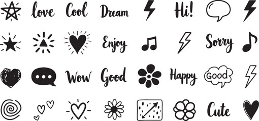 Hand drawn doodle elements set with various symbols and text.