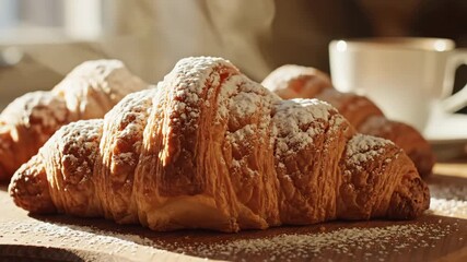 Croissants with Powdered Sugar and Coffee - A close-up shot of a golden-brown, flaky croissant generously dusted with powdered sugar.
