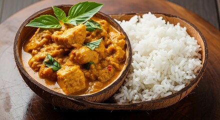 A traditional Thai red curry with chicken and fresh basil served with steamed white rice in a rustic coconut bowl