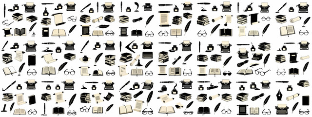 A seamless pattern of vintage writing and reading instruments, including typewriters, books, ink, quills, scrolls, and glasses, symbolizing literature and history.