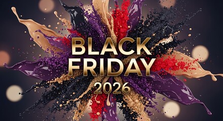Black Friday 2026 promotion with vibrant paint splashes and gold text, perfect for eye-catching marketing campaigns to boost sales and attract customers