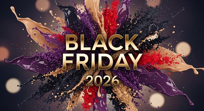 Black Friday 2026 promotion with vibrant paint splashes and gold text, perfect for eye-catching marketing campaigns to boost sales and attract customers