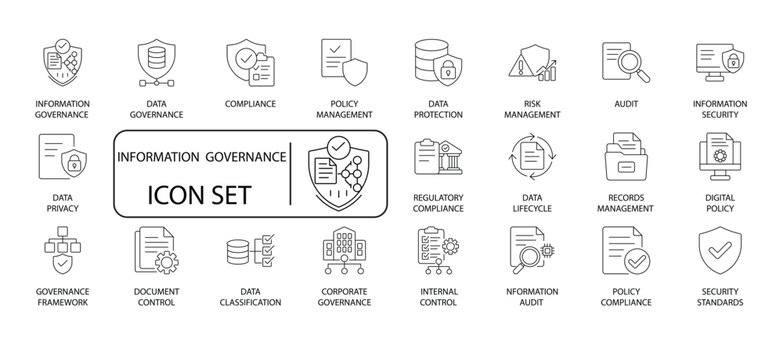 Data and Information Governance Vector Icons Set. Compliance, Privacy, Security, Risk Management, Audit, and Policy Line Art.