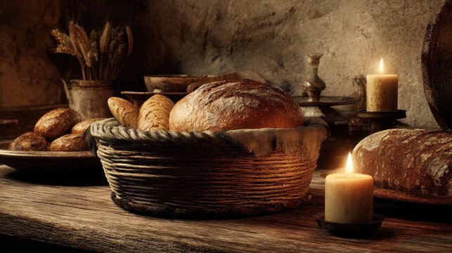 Chiaroscuro Still Life - Golden Loaves and Flickering Candles on a Rustic Table. - Powered by Adobe