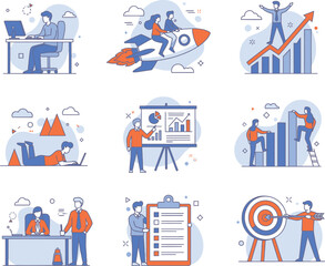 Illustrations depicting business concepts like teamwork strategy growth planning and achieving goals with modern flat design