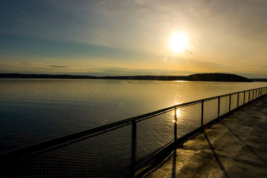 Rosario Strait and the San Juan Islands viewed from the ferry on Puget Sound, sunset. 