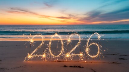 Happy new year 2026 written with sparklers on the beach at sunset with ocean