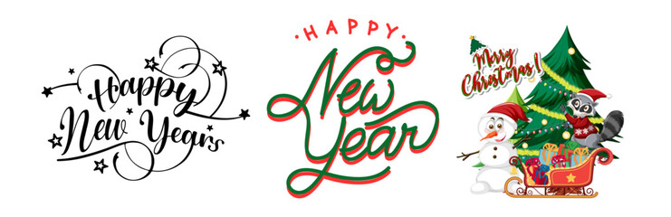 Happy new year and merry christmas holiday design elements with snowman, raccoon, and decorated tree