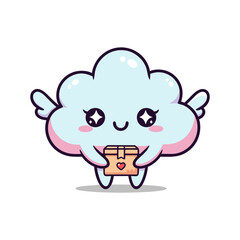 Adorable winged cloud character delivering a small package with a heart on a clean white backgroun
