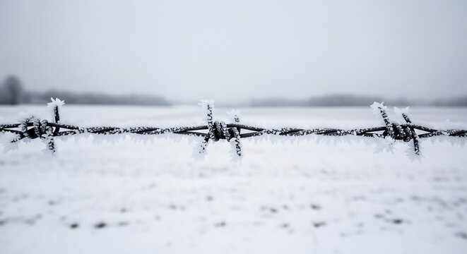 Icy barbed wire on a snowy landscape. Winter fence symbolizes boundaries, security, and harsh conditions. Ideal for security, border control, and seasonal themes. 