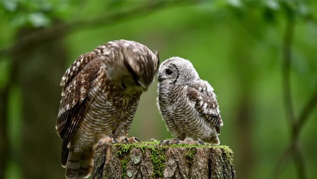 An adult owl and owlet perched together, sharing a tender moment on a mossy tree stump in a forest.
