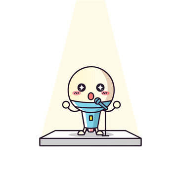Adorable cartoon mascot character with a surprised expression performing on a stage under a bright spotligh