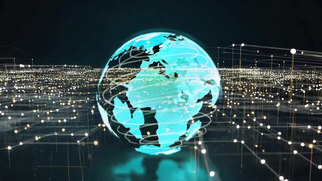 Glowing digital earth with interconnected network of lights and lines on a dark background