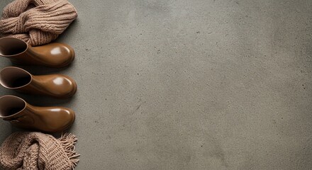 Stylish tan rain boots and a cozy knit scarf create a warm, autumnal mood, perfect for rainy days and fashion inspiration, a classic look for seasonal designs