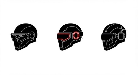 Cool futuristic black helmets with VR headsets and microchips for augmented reality and gaming, highlighting advanced technology and futuristic design elements