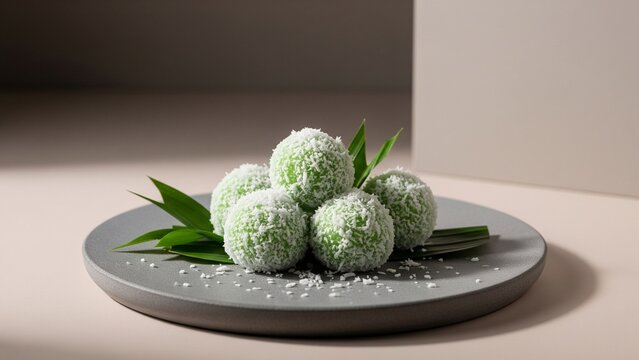 Klepon or kelepon, is a snack of sweet rice cake balls filled with molten palm sugar and coated in grated coconut.