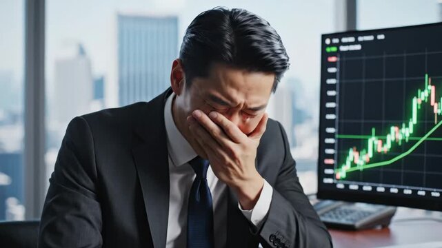 Crying Asian Businessman Losing Money on Stock Market - An Asian businessman in a suit is crying, with tears running down his face as he looks at a stock market chart on his computer screen.