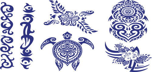 Blue Polynesian Tattoo Designs with Turtle and Floral Motifs | Pacific Island Style Vector Graphics for Body Art and Tribal Branding