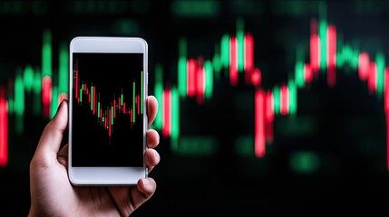 Tracking market trends with a smartphone amidst vibrant trading indicators in a dynamic financial landscape