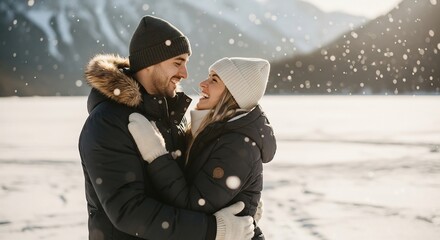 Romantic winter escape! A couple embraces in a snowy landscape. Perfect for Valentine's Day promotions, travel ads, seasonal greeting cards, or outdoor apparel campaigns.
