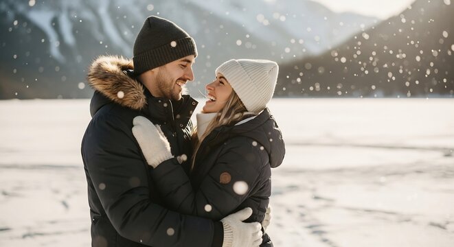 Romantic winter escape! A couple embraces in a snowy landscape. Perfect for Valentine's Day promotions, travel ads, seasonal greeting cards, or outdoor apparel campaigns.
