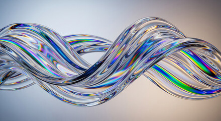 Fluid iridescent glass ribbon with holographic reflections, minimal abstract background, ultra-realistic 3D rendering, smooth flowing shapes, modern 3D abstract background.