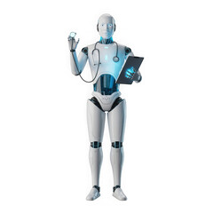 Fototapeta premium Robot doctor with stethoscope and clipboard, futuristic healthcare concept isolated on transparent background